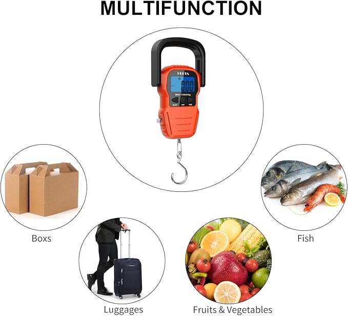 HEETA Fish Scale with Backlit LCD Display, Up to 110lb/50kg Digital Portable Hanging Fish Weight Scale with Hook & Measuring Tape for Home, Farm, Outdoor, Hunting, Fishing, 2 AAA Batteries Included