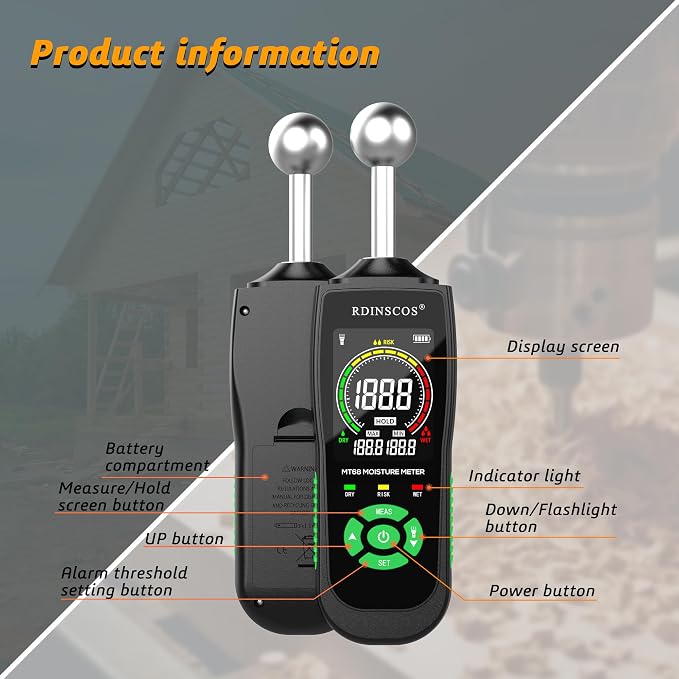 RDINSCOS Ball Probe Moisture Meter Non-Invasive Digital Moisture Detector | 5-40mm Depth Moisture Tester for Wood, Wall, Custom Alarm Threshold, Flashlight LCD Screen for Basement Inspection