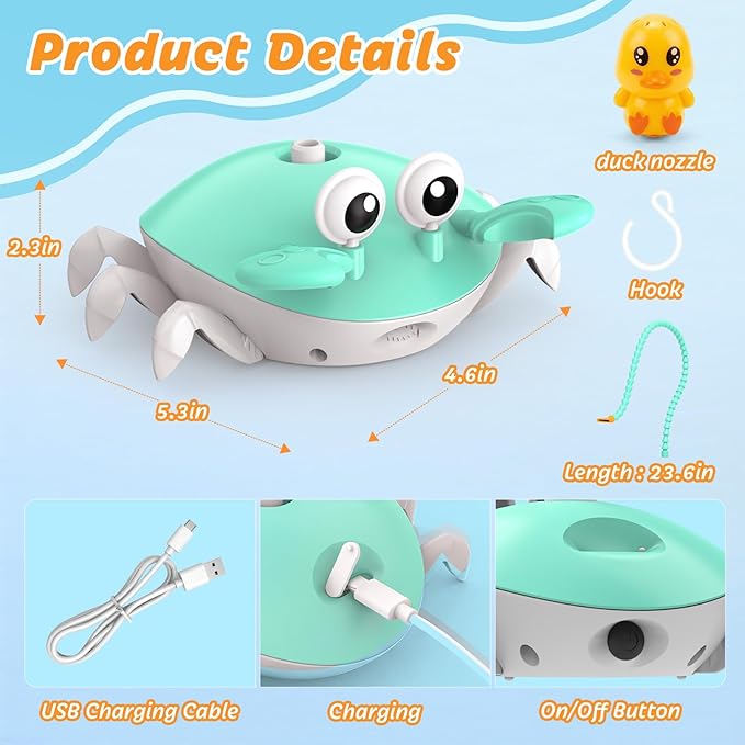 Water Table Pump, 5400mAh Rechargeable Crab Water Pump Toy for Powered Continuous Flow 8Hrs Play time 3 Modes Spray 2 Flow Settings IP67 Waterproof for Water Table, Bathtubs, Pool Toy