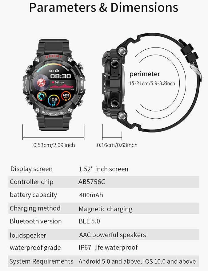 Smart Watch with Earbuds for Men, 1.52 Inch Round Fitness Watch T96, 2 in 1 Bluetooth Watch with Step,Calories, Sports Smart Watch Long Time Standby for iOS & Android