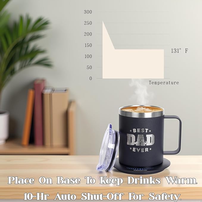 Birthday Gifts for Dad, 12oz Funny Heated Coffee Mug for Dad with BEST DAD EVER, Electric Coffee Cup with Warmer Set, Ideal Valentines Father Day Gifts from Wife Daughter Son (Black -12oz)