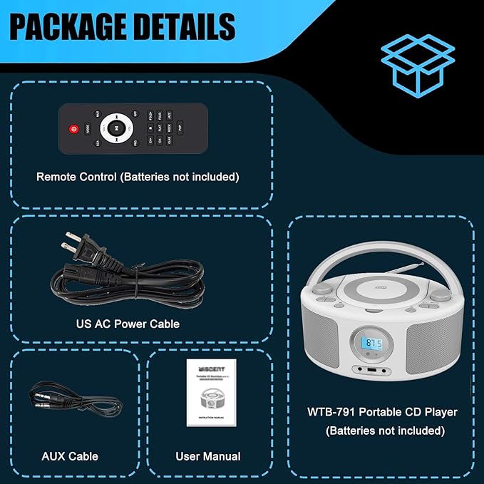 Portable CD Player Boombox with Bluetooth, FM Radio, Remote Control, USB Port and 3.5mm AUX Headphone Jack, Clear Stereo Sound, 4 Watts of Audio, AC/Battery Powered