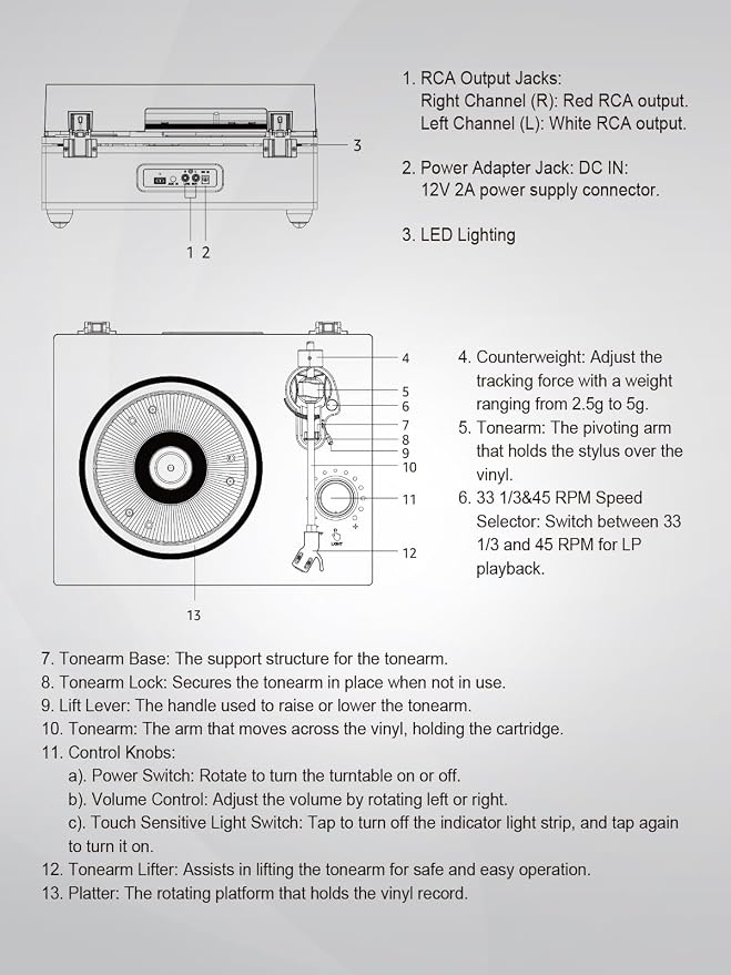 Vinyl Record Player Bluetooth Turntable with Built in Speakers High Fidelity Belt Drive 2-Speed Turntables with Magnetic Cartridge AT-3600L Record Players with Light Strip, Support RCA Output, Walnut