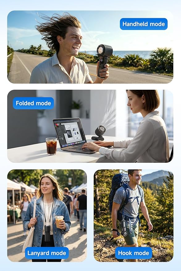 Portable Handheld Turbo Fan with Cooling Plate and Retractable USB-C Cable, 6000mAh Rechargeable, Powerful 100-Speed Wind, LED Display,135° Adjustable, Summer Essential for Travel/Outdoor/Office