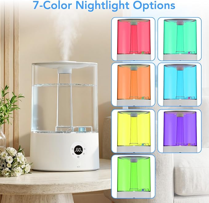 Electactic 3.8L Top Fill Humidifier for Bedroom, Auto Constant Humidity, Smart Control, Quiet Ultrasonic Cool Mist, 360 Nozzle, 3 Mist Levels, 7-Color Light for Home Office Baby Room