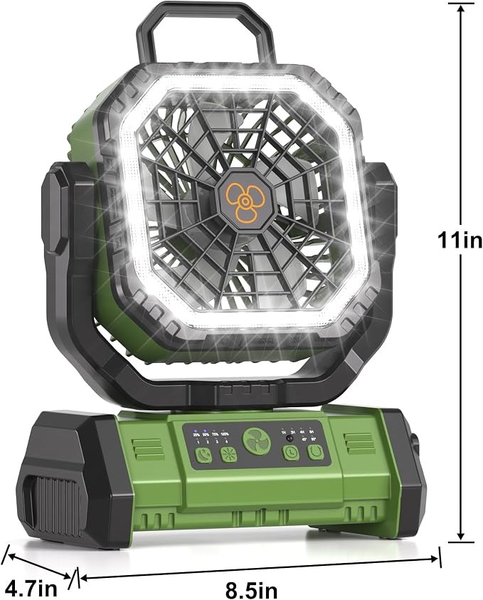 Portable Rechargeable Fan 20000mAh, Battery Powered Camping Fan with LED Light& Remote,Cordless,4 Speeds Wind,Timer for Tent,Travel,Rv Camping Essentials (Green)