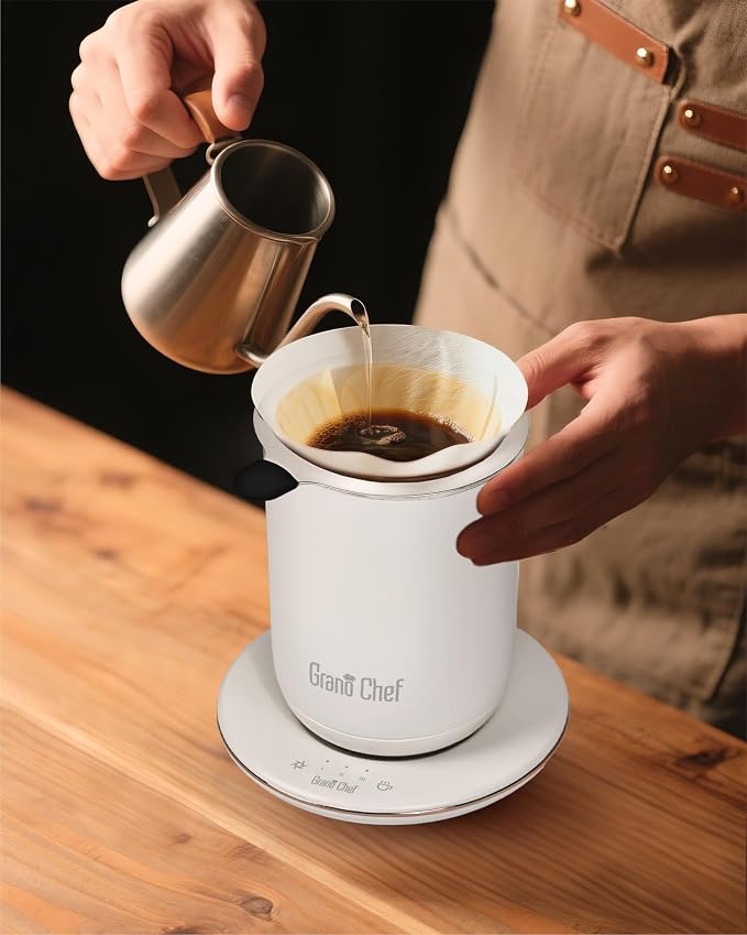 Self-Heating Coffee Mug, Coffee Mug with Self Stirring&Fast Heating, 10oz Temperature Controlled Coffee Cup Warmer, Heated for Tea/Coffee at Office/Kitchen/Travel, with Reusable Coffee Dripper, White