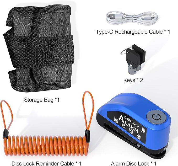 JAGASOL Motorcycle Lock Rechargeable, Alarm Disc Brake Lock with Reminder Cable, 110 dB Alarm Sound, Anti-Theft Waterproof, 2 H Fast-Charging, 9 Months Standby, 7 mm Lock Pin Universal for Bikes