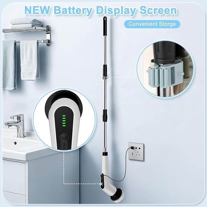 Electric Spin Scrubber, Cordless Cleaning Brush with 8 Replaceable Brush Heads, Shower Scrubber with Adjustable Extension Handle, Waterproof Power Scrubber for Bathroom Tile Floor Tub Car Walls