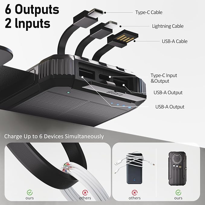Solar Power Bank 49800mAh 22.5W QC3.0 Fast Charging Built in 4 Cables andNymzixt Solar Power Bank 20000mAh Portable Charger Built-in 3 Cables and Wireless Charging