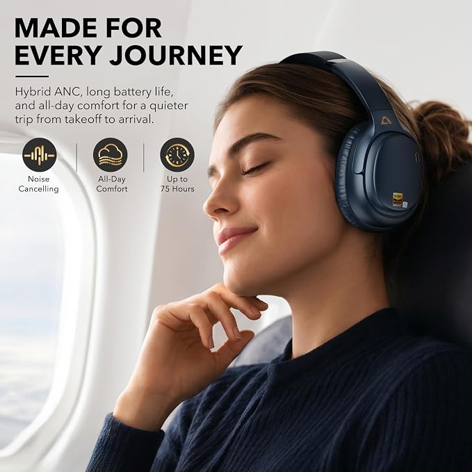 1Mii E700 Noise Cancelling Headphones Bluetooth Wireless Hi-Res LDAC,Indigo | Hybrid ANC, 75H Battery, Deep Bass, Comfortable Over Ear for Commuters & Traveler, aptX Low Latency for TV & Airplane