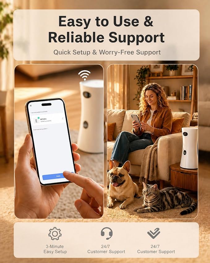 Pet Camera Treat Dispenser, 360° Pet Dog Security Cameras with Phone App, WiFi 5G/2.4G, Two Way Audio, Night Vision, Remote Treat Tossing, Motion Alert for Home Indoor Pet Cat Puppy Monitoring