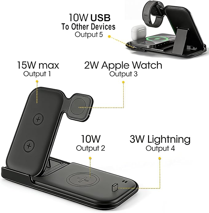 5 in 1 Wireless Charging Station for Multiple Devices, Premium Fast Charging Stand for Apple Samsung Android, Dual Phone Dock with USB Port for Desk Nightstand