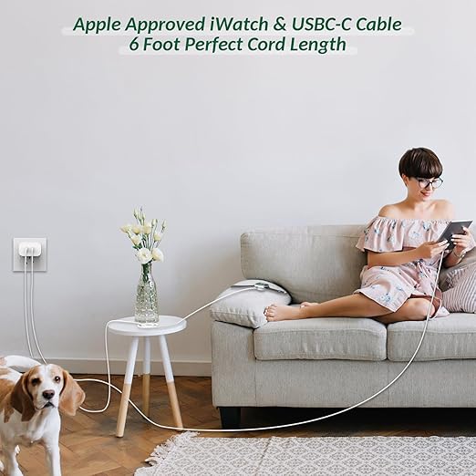Super Fast Charger for Apple Watch & iPhone, 40W Dual USB C Port Fast Charger Adapter with 6FT Long Apple iWatch Cable and USB C to C Cord Compatible with Apple Watch Series 10/9/8/7/SE/6/5, iPhone 17