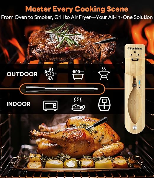 Beelicious Pro Wireless Meat ThermometerโStable Bluetooth Smart Probe with ยฑ1.8โ Accuracy, 0.5s Fast Response & Long-Lasting Battery, IP67 Waterproof, App Controlled for Grill, Oven, Air Fryer