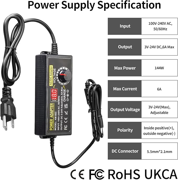 144W Adjustable Power Supply Adapter 3V~24V 6A Universal Variable Switching Power Adapter 100V-240V AC to DC Converter Transformer with 14 Tips&Polarity Converter3V 5V 6V 9V 12V 15V 16V 18V19V20V24V