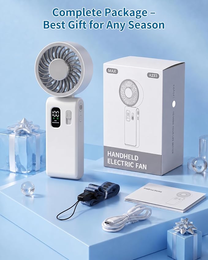 Portable Handheld Fan with Ice Cooling, 100 Speed Rechargeable Mini Desk Fan, Up to 12Hrs Cooling, Powerful Folding Personal Fan for Travel, Camping, Office (White)