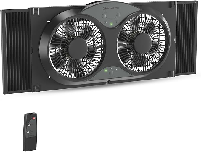 Comfort Zone 9-Inch Reversible Twin Window Fan with Remote Control – 3-Speed Dual Blade Fan with Exhaust, Cooling & Circulate Modes, Expandable Width 23.5" to 37", Removable Bug Screen & Tabletop Feet