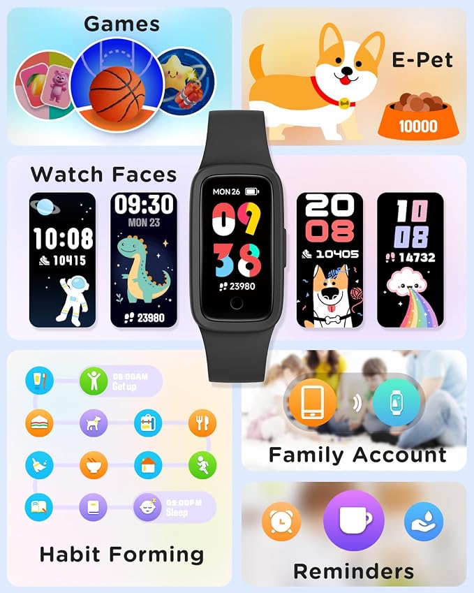 BIGGERFIVE Vigor 3 Kids Fitness Tracker Watch, AMOLED Screen, No App No Phone Needed, 3ATM Waterproof, Heart Rate and Sleep Monitor, Pedometer Watch, Sports Step Counter for Boys Girls Ages 5-15,Black