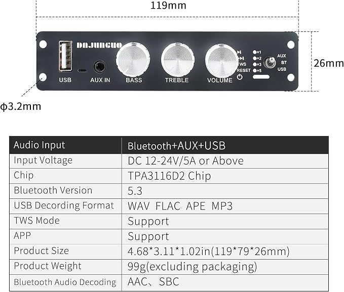TW100U 100W Mono Amplifier Board, TPA3116D2 Digital Power Amp Module with Built-in Step-up Voltage Circuit (19V/24V), Supports TWS Wireless Pairing, Bluetooth 5.3, AUX, USB Input, DC 12-24V