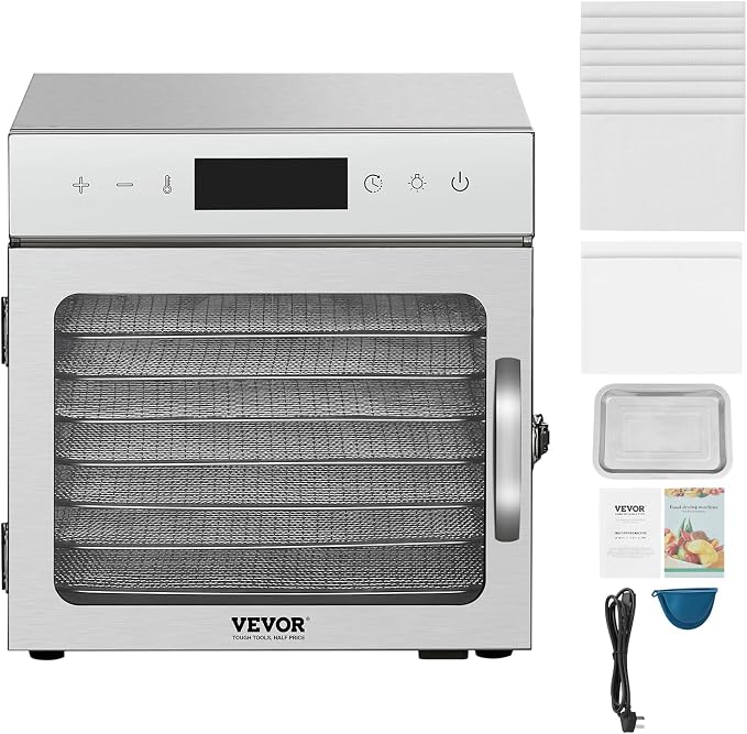 VEVOR Food Dehydrator Machine, 8 Stainless Steel Trays, 400W Electric Food Dryer with Adjustable Temperature & 24-Hour Timer, Food Dehydrator for Jerky, Meat, Fruit, Vegetables, Herbs, Dog Treats