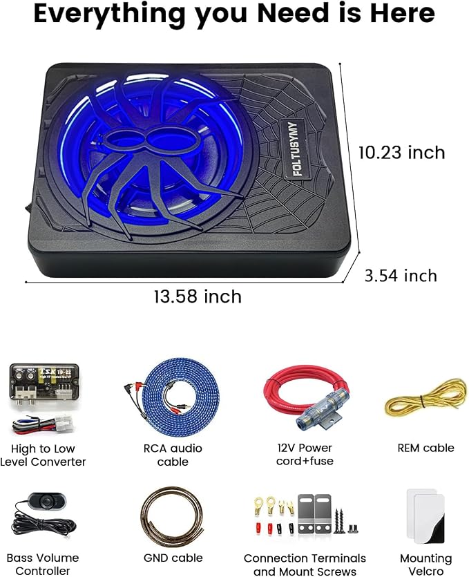 FOLTUSYMY 1200W 10" Slim Under Seat Powered Car Subwoofer, High/Low Level Input, Car/Truck Audio Sub Built-in Amplifier amp Combo Package, with Blue LED Light
