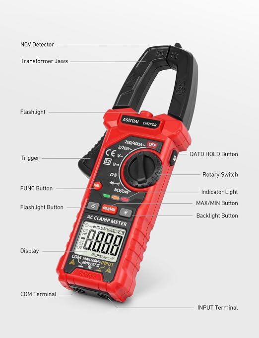 AstroAI Digital Clamp Meter Multimeter 2000 Counts Amp Voltage Tester Auto-ranging with AC/DC Voltage, AC Current, Resistance, Capacitance, Continuity, Live Wire Test, NCV, Black