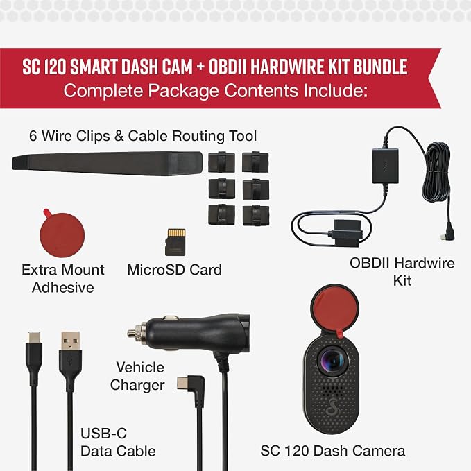 Cobra SC120 Dash Cam + Cobra 2.5A DIY Hardwire Kit - OBDII Port to USB-C/Micro-USB with 15ft Cable