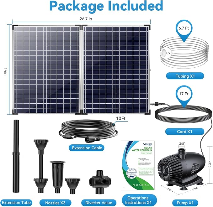POPOSOAP 55W Solar Fountain Pump, 580GPH Solar Pond Pump with Water Flow Adjustable, Solar Powered Water Pump with PVC Tubing & 16.5FT + 9.8FT Cord For Ponds, Garden, Waterfall, Hydroponics-P155H