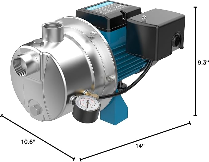 3/4HP Shallow Well Pump, 1100GPH Stainless Steel Sprinkler Booster Pump, Well Depth Up to 25FT, Automatic Pressure Switch, Water Transfer Draining Irrigation Pump Max. Head 115FT for Lawn