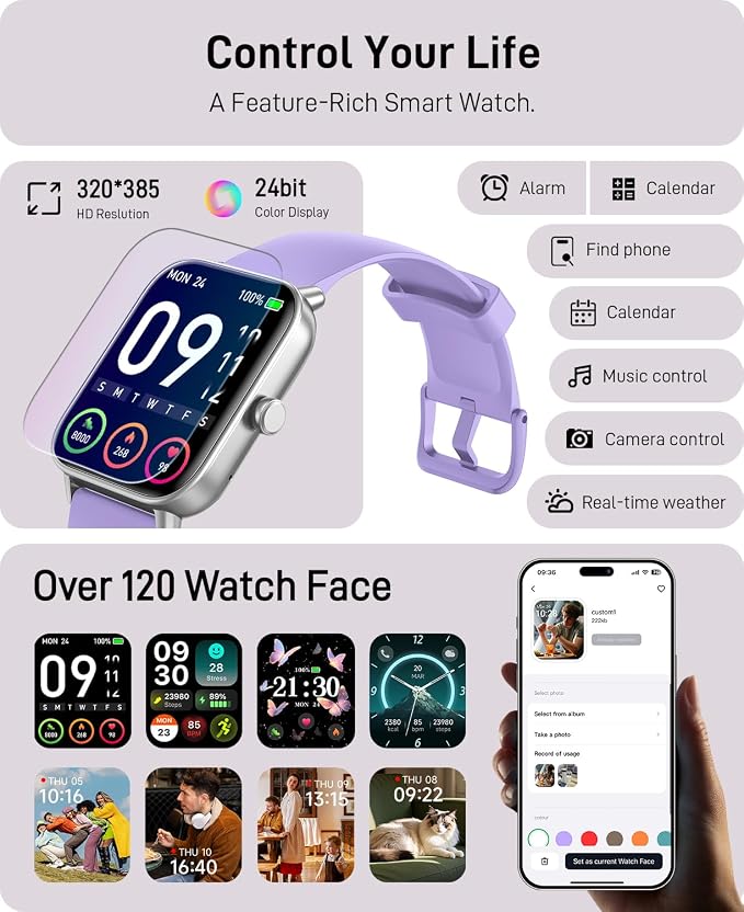 Hingso Smart Watches for Women, 1.85" Fitness Tracker for Android & iPhone | Bluetooth Call & Text Alert, Alexa Built-in, 24/7 Heart Rate/SpO2/Sleep/Cycles Monitor, 120+ Sports, IP68 Waterproof, 2 Bands