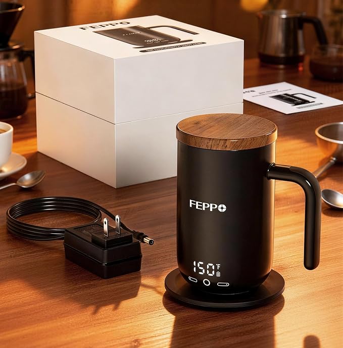 FEPPO Coffee Mug Warmer, 16oz Self-Heating Coffee Mug with 2600mAh Rechargeable Battery, Smart Temperature Control, Real-Time Digital Display, Titanium-Coated Interior, Gift for Women and Men