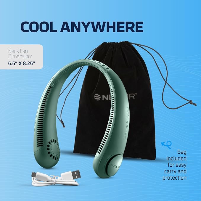 NEXAIR Portable Neck Fan Hands Free Cooling Lightweight Bladeless Neck Fan, 3 Speeds, 2400mAh Battery, 5H Runtime Green
