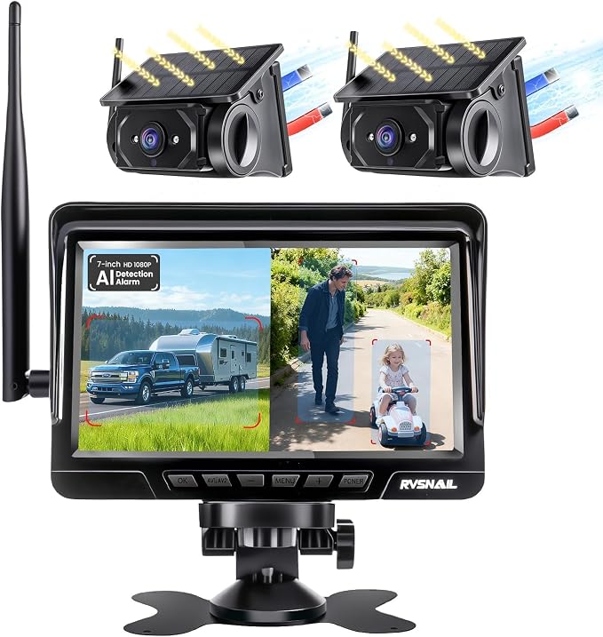 Magnetic Solar Wireless Backup Camera with 7" 1080P Monitor, 2 Backup Cam-Kit, Alarm Function, Night Vision,Easy Install, Trailer Back up Camera Systems for RV Truck Camper SUV