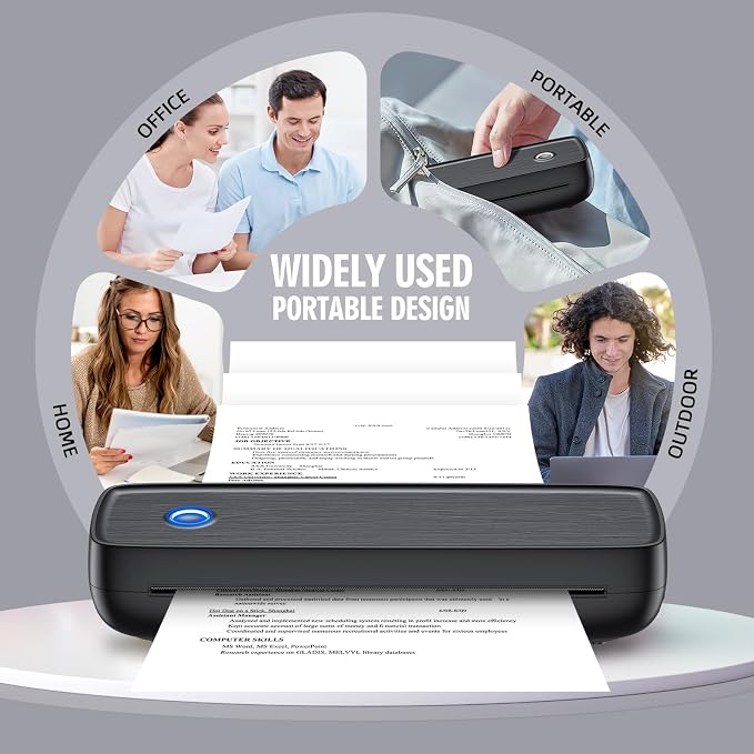 Portable Inkless Printer, Wireless Bluetooth Thermal Printer with 4200mAh Battery, Prints A4/A5/US Letter, High Resolution Mini Printer for Travel, Home Office & Mobile Printing