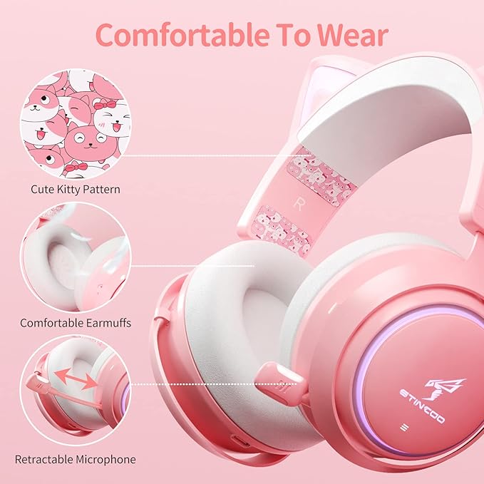 EASARS Wireless Cat Ear Headphones, Pink Gaming Headset Bluetooth 5.0 for Smartphone, Retractable Mic, 50mm Drivers, RGB Lighting Headset with Mic (USB Dongle Not Included)