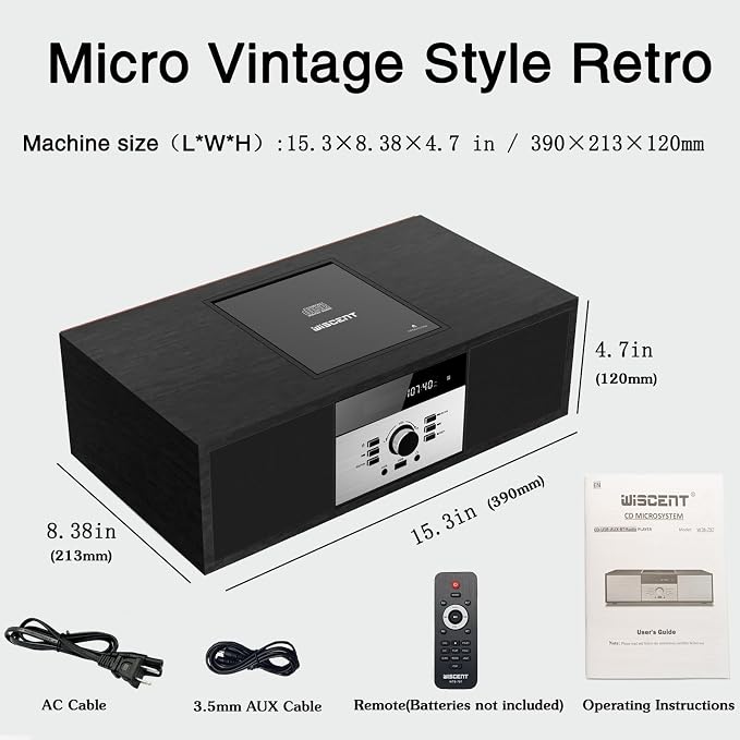 Nostalgic Bluetooth Stereo System for Home, WISCENT Vintage Micro HiFi Systems CD Player,with Bluetooth Audio Streaming,FM Radio,USB Port,Aux-in,Earphone Port (Black CD Player)