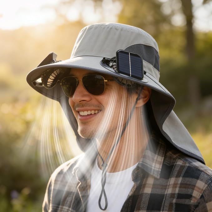 Solar Powered Fan Hat, with 2 Removable Fans & Sun Protection Neck Cover, Wide Brim Sun Hat for Men Women, Enhanced Airflow UPF 50+, USB and Solar Charging, for Outdoor Fishing, Hiking Gardening Grey