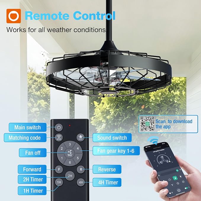 addlon 20 Inch Outdoor Ceiling Fan without Light, IP65 Waterproof Plug in Caged Hanging Fan, Remote Control, 6 Speeds Reversible Outdoor Fans for Patio, Gazebo, Pergola, Porch