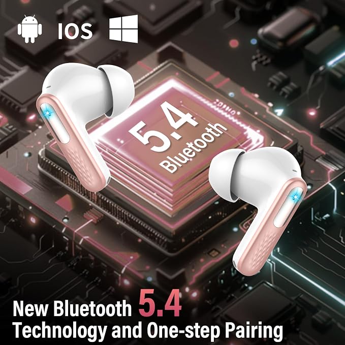 Wireless Earbuds with Touch Screen, Bluetooth 5.4 Headphones, ANC/ENC Noise Cancelling, 48H HiFi Stereo Bluetooth Ear Buds with 5 EQ Modes, Transparency Mode, IPX7 Earphones, Rosa