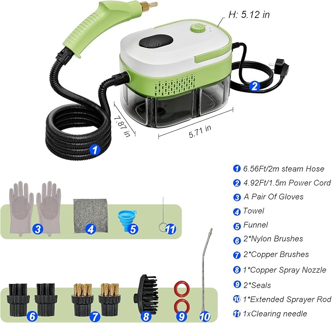 Steam Cleaner, 15s Heat-Up,1.4L Tank,Steamer for Cleaning with 14-Piece Accessories, 3 Steam Levels, chemical-free Cleaning Tile, Grout, Dirt, Grease & Car (white&green)