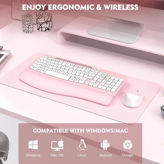 Wireless Keyboard and Mouse Combo, Full-Sized Ergonomic Wave Keys Keyboard with Memory Foam Wrist Rest & Phone Holder, 2.4G Quiet Keyboard Mouse Work Setup for PC Laptop, Office or Home (Pink)