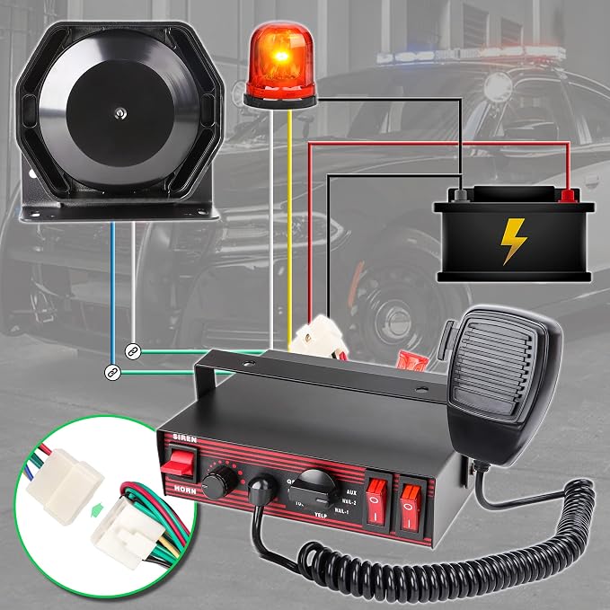Police Siren for Car 8 Tones Warning Emergency Siren PA System with Handheld Microphone 12V 200W for The Ambulance,Fire Truck,Engineering Siren for Vehicle