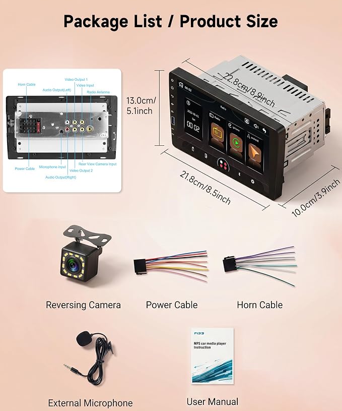 9 Inch Single Din Car Radio Stereo, Wireless CarPlay Android Auto, 1 Din Touchscreen Car Stereo, Bluetooth FM EQ USB SWC MIC, Support Mirror Link Backup Camera