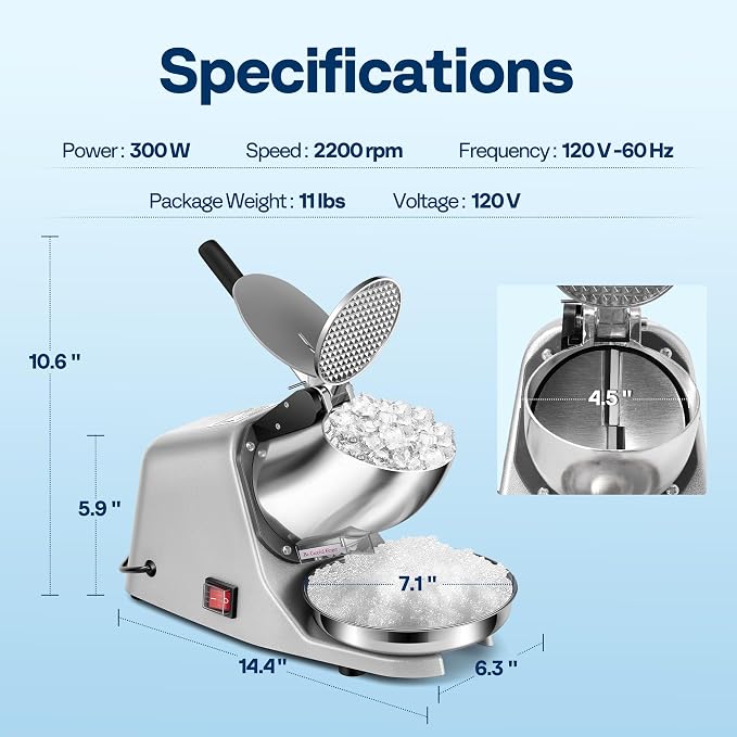 VIVOHOME Electric Ice Crusher Shaver Dual Blades Snow Cone Maker Machine Silver 173lbs/hr with Ice Pick for Home and Commercial Use