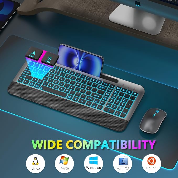 JOYACCESS Silent RGB Backlit Wireless Keyboard Mouse Set, Rechargeable 3000mAh Keyboard, Ergonomic Wrist Rest, 2.4G USB‑A/C, for PC Mac Laptop Office - Space Gray