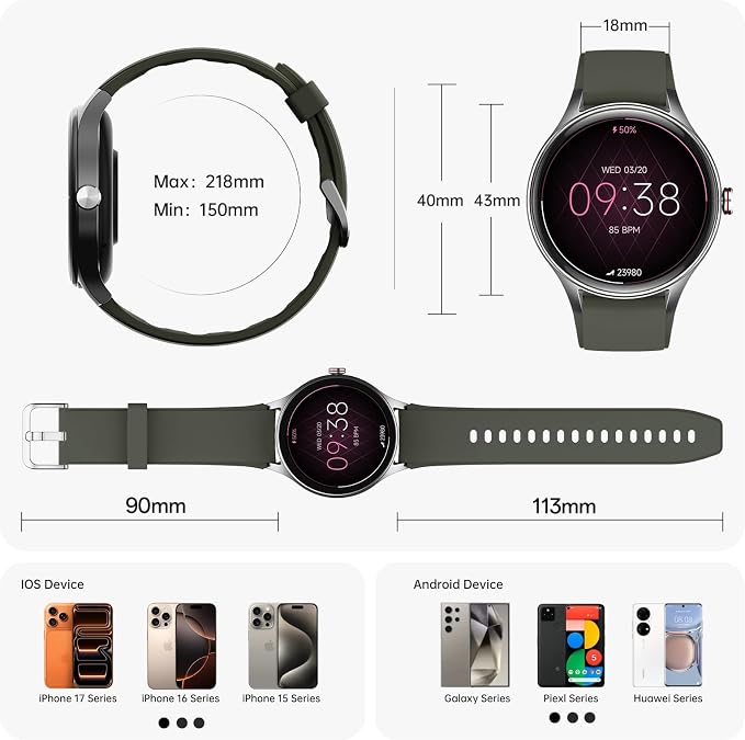Woneligo Smart Watch for Men,1.57inch AMOLED Touchscreen Fitness Watch for iPhone & Android,Heart Rate/Sp02/Sleep Monitor,110+ Sport Modes IP68 Waterproof Bluetooth Calls (Green, 1.57)