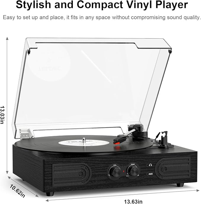 Vinyl Record Player with Built-in Speakers 3-Speed Vintage Record Player Support Treble& Bass Control, 3.5mm Headphone Jack, RCA-Out/Aux in, Belt-Driven LP Turntable,Black Wood