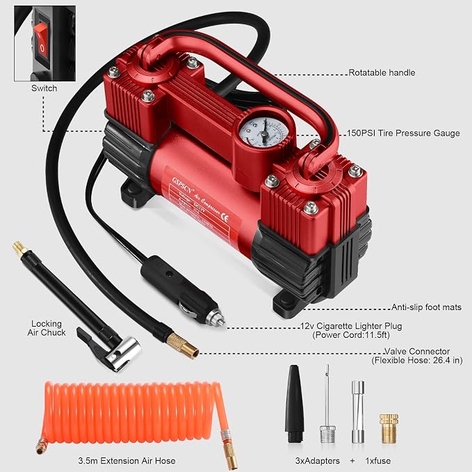 GSPSCN 12V Heavy Duty Tire Inflator Metal Portable Air Compressor Pump | 6X Faster Inflation Dual Cylinders 150PSI Air Pump with Adapter for Car, RV,Pickup Truck, SUV, Van,Camper, Air Bed,Ball