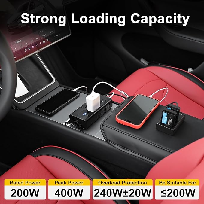 HANSSHOW 200W Car Power Inverter for Tesla Model Y/Juniper/3/S/X 16V Compatible Dual DC 12V to 110V AC Outlet Adapter 30W USB-C &18W USB Fast Car Converter with LED Display for Road Trip Camping Gift